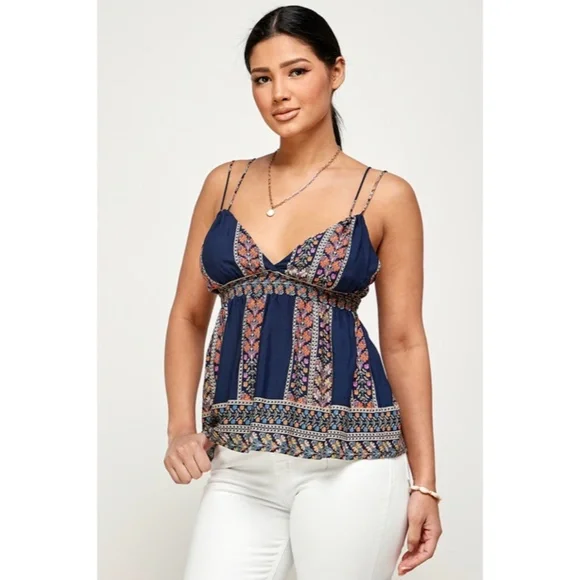 Navy Bohemian Border Floral Print Smocked Casual Cami Tank Top - Picture 2 of 6